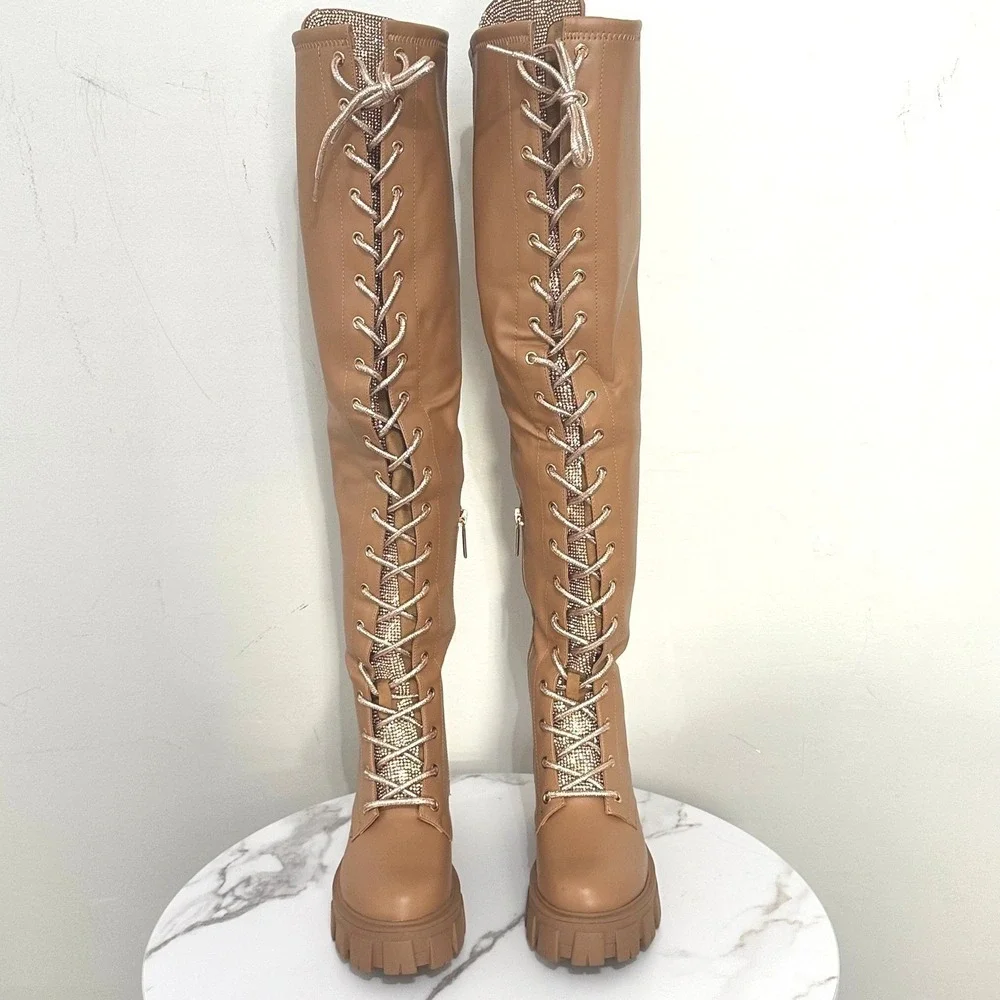 Cape Robbin Boxi Nude Over The Knee Rhinestone Lace‎ Up Lug Sole Boots Size 5